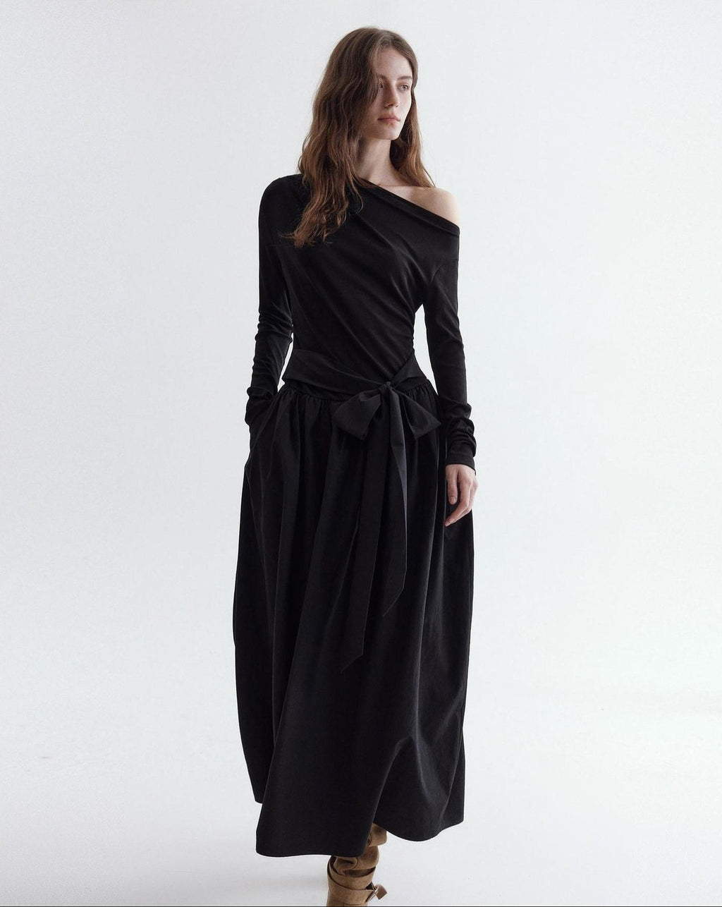fano Viscose Blend Asymmetric Neck A Line Long Sleeve Workwear Women Maxi Dresses