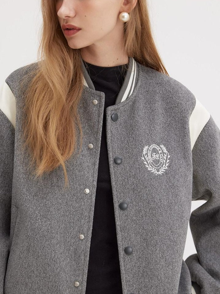 fano Embroidered Relaxed Fit Commuter Colorblock Crew Neck Women Bomber Jackets