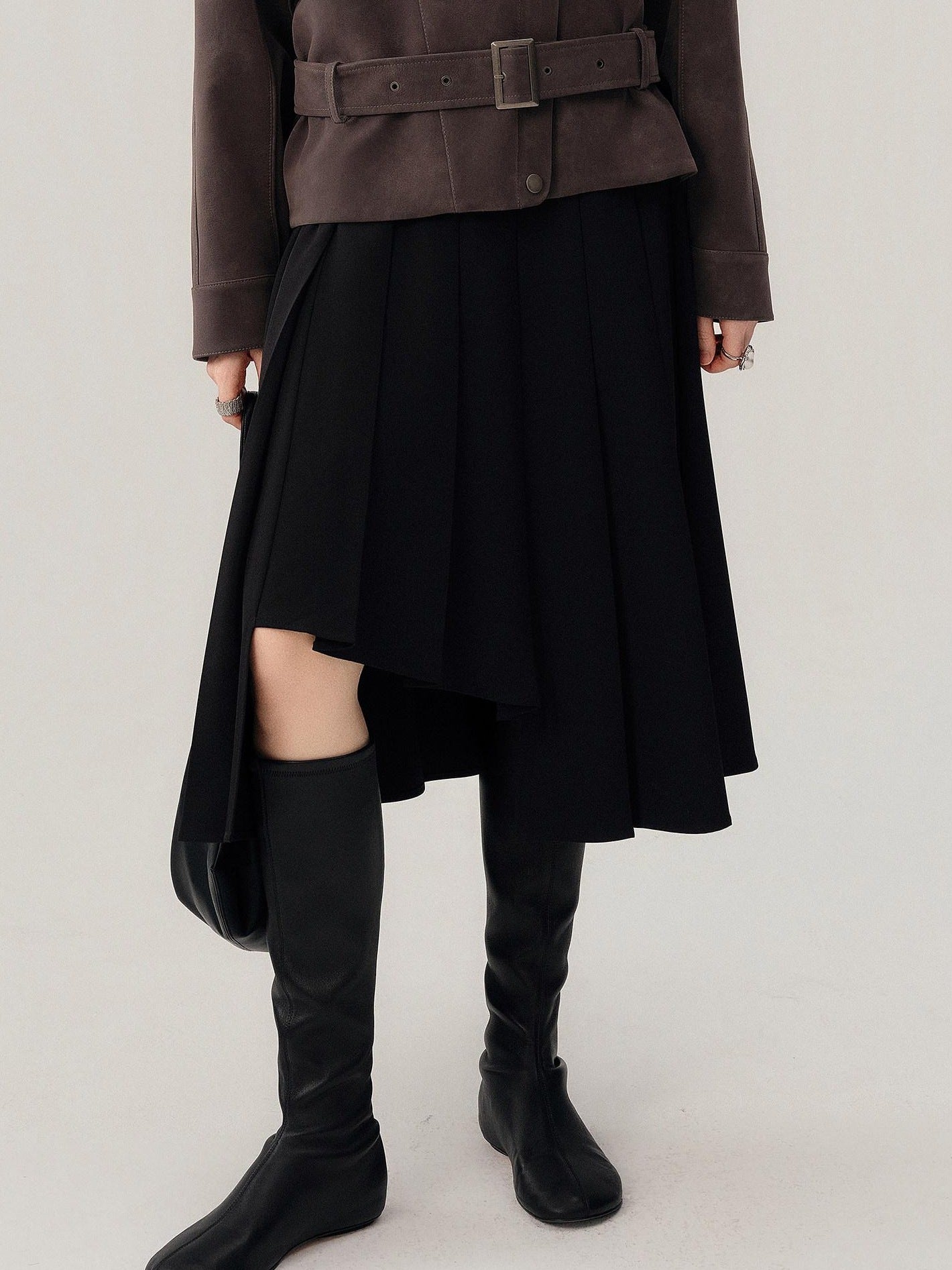audreyyang Hand Pleated Lined Asymmetrical A Line Mid Waist Polyester Blend Midi Skirts