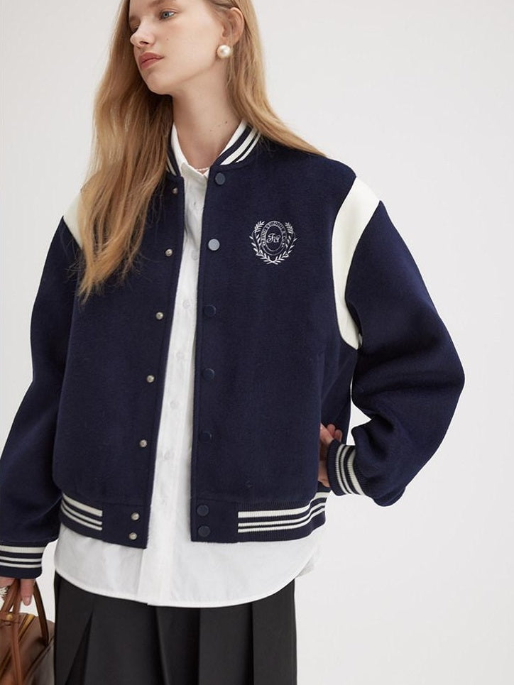 fano Embroidered Relaxed Fit Commuter Colorblock Crew Neck Women Bomber Jackets