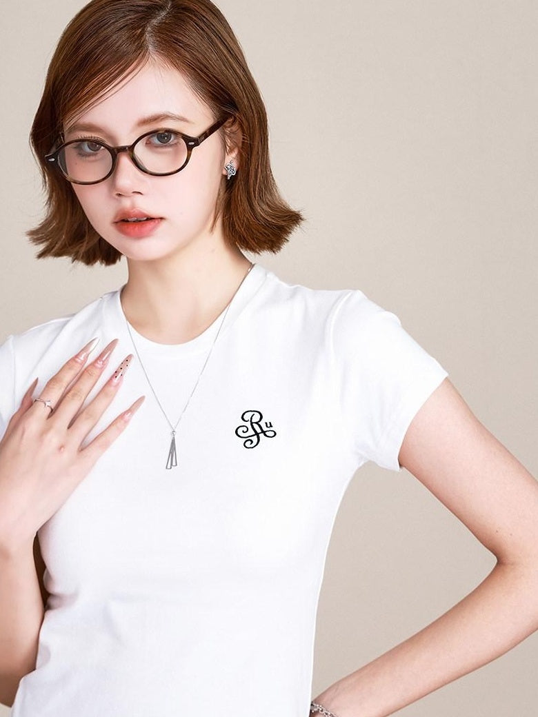 ikyou Pure Cotton Embroidered Slim Fit Short Sleeve Crew Neck Casual Basic Crop Tops