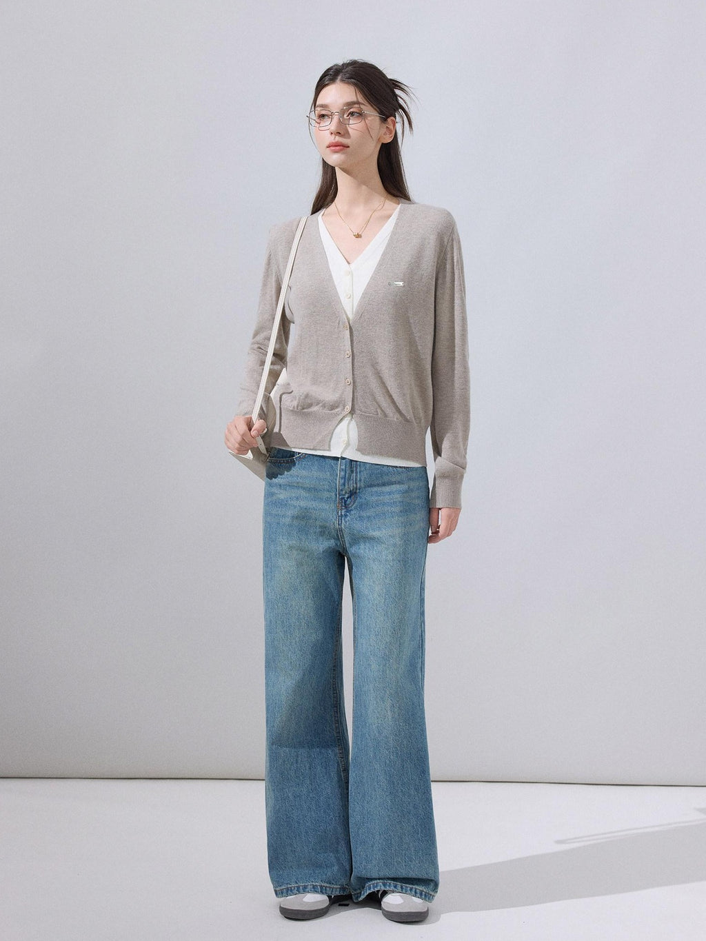 ikyou Soft Wool Blend Preppy V-neck Layered Women Khaki Knit Long Sleeve Cardigans