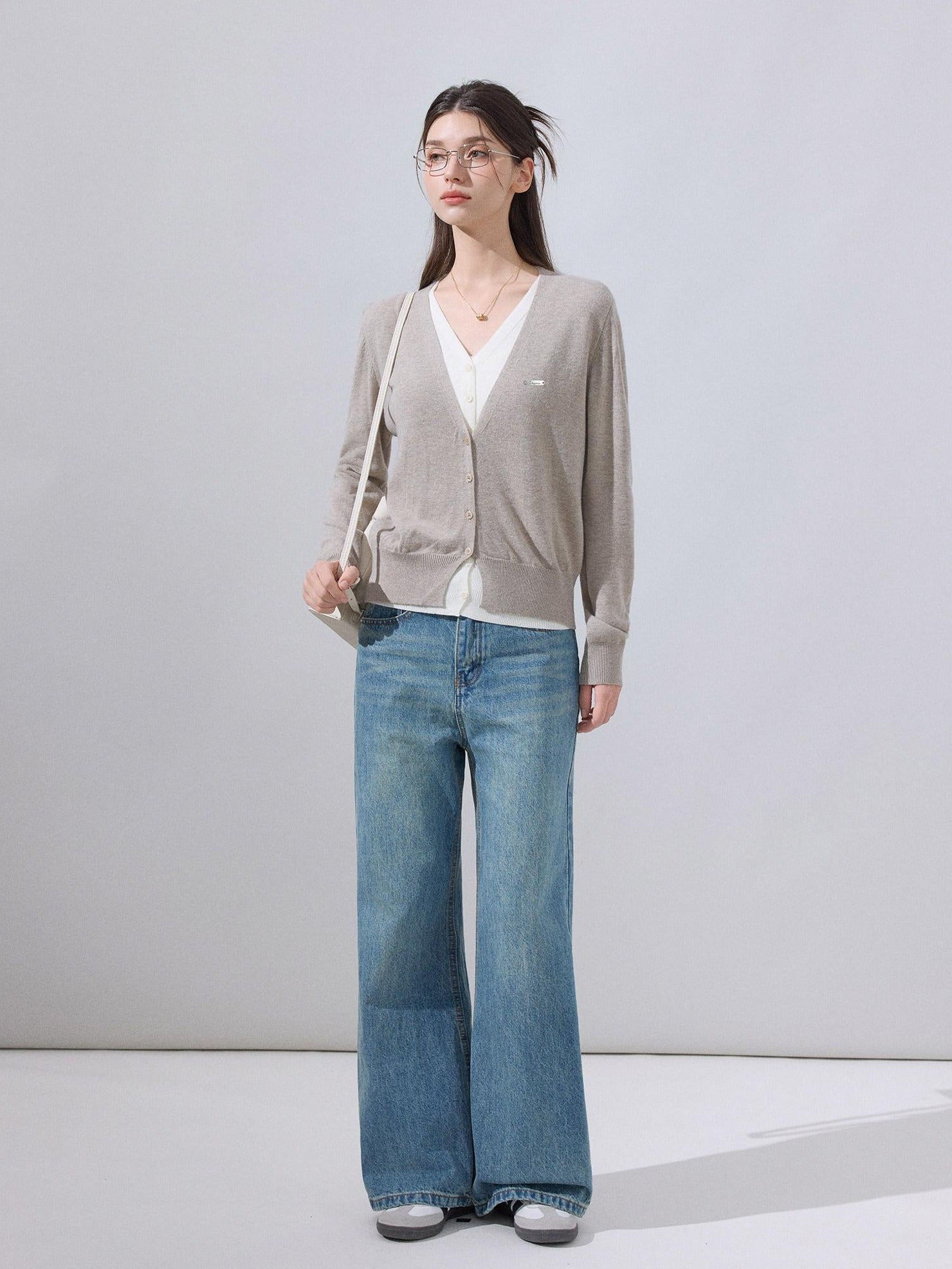ikyou Soft Wool Blend Preppy V-neck Layered Women Khaki Knit Long Sleeve Cardigans