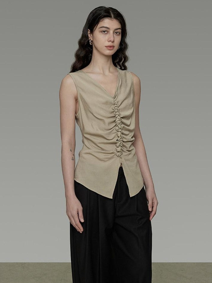 unspoken Ruched Soft Viscose Loose Workwear Women Khaki Solid Off Shoulder Crop Tops