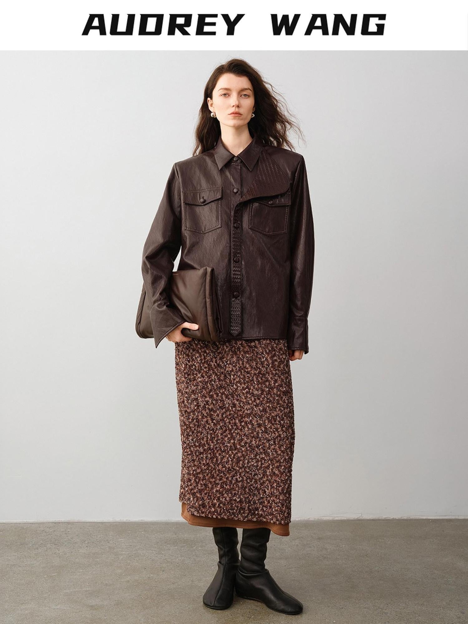 audreyyang Stretch Sculpting Mid Waist Pencil Slim Fit Brown Women Polyester Maxi Skirts