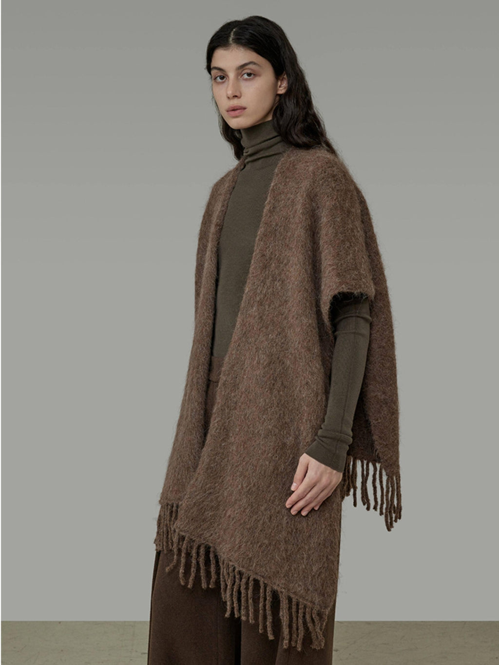 unspoken Cozy Warm Acrylic Fringe Shawl Rectangular Solid Brown Women Fashion Scarves