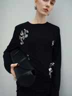 audreyyang Slim Minimal Office Crew Neck Long Sleeve Acetate Blend Black Cropped Jackets