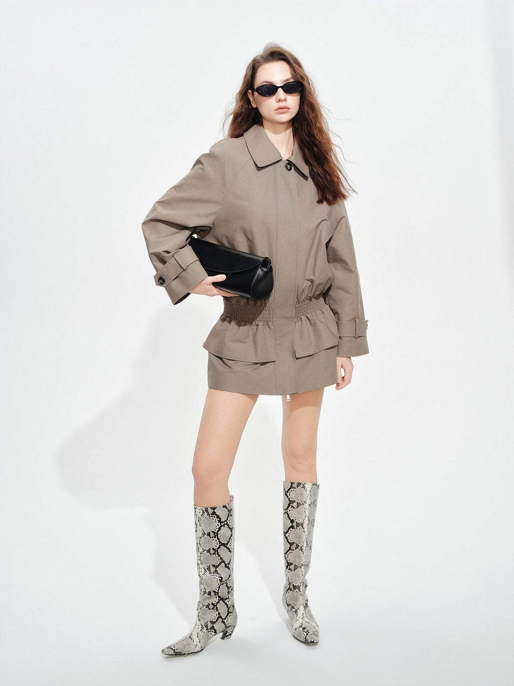audreyyang Ruched Cotton Mid Length Zip Elastic Hem Long Sleeve Women Gray Cropped Jackets
