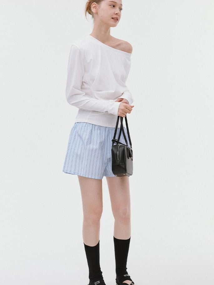 fano Elastic Waist Minimal Commuter Straight Cotton Blend Mist Blue Mid-Length Shorts