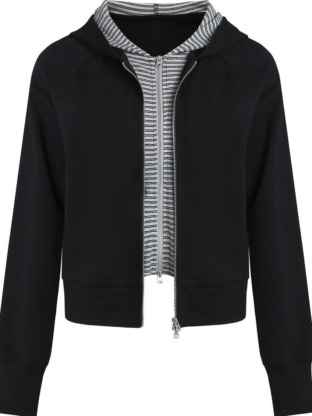 fano Striped Faux Two Piece Loose Fit Commuter Women Black Cotton Blend Hoodie