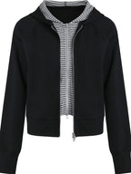 fano Striped Faux Two Piece Loose Fit Commuter Women Black Cotton Blend Hoodie