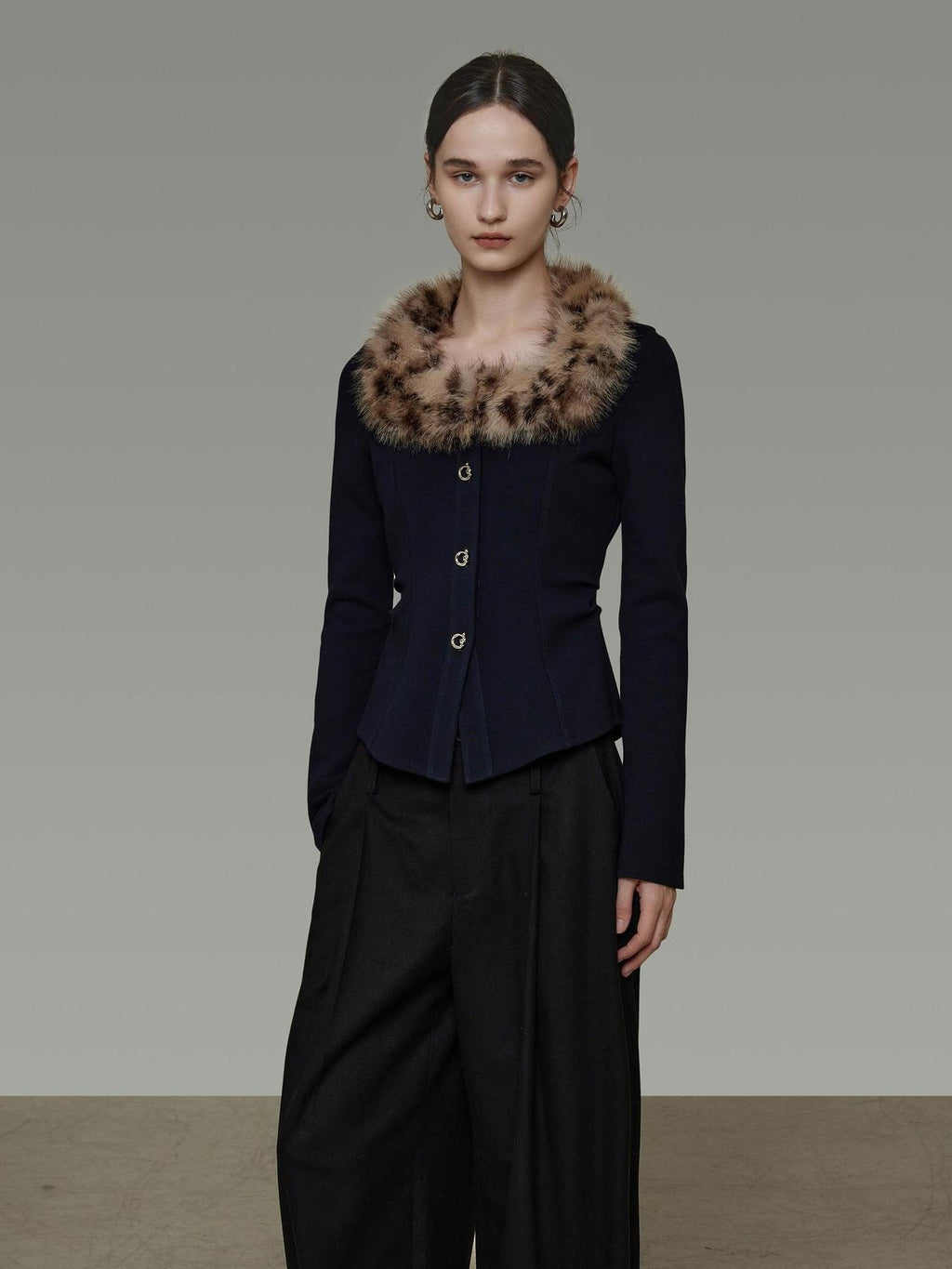 unspoken Warm Fur Collar Slim Cropped Workwear Women Cotton Leopard Navy Cardigans