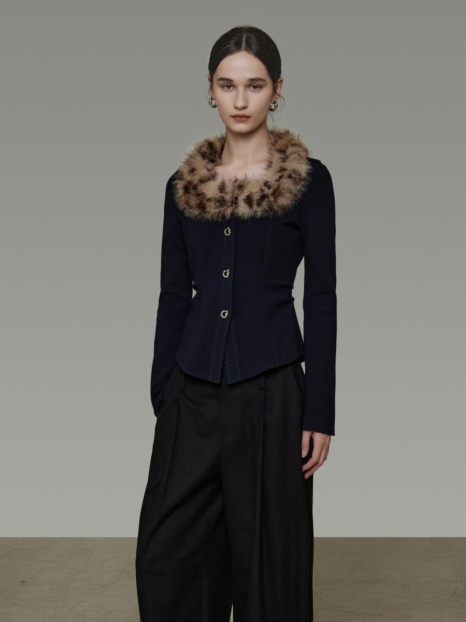 unspoken Warm Fur Collar Slim Cropped Workwear Women Cotton Leopard Navy Cardigans