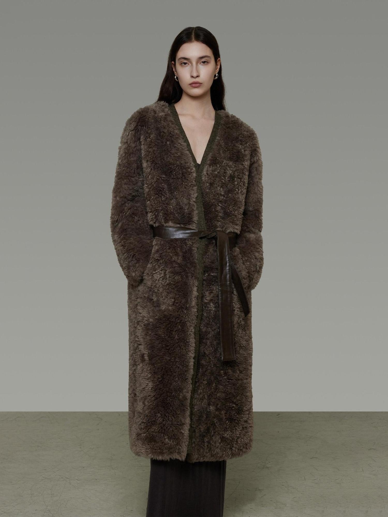 unspoken Warm Belted V-neck Loose Fit Commuter Women Brown Gray Long Coats