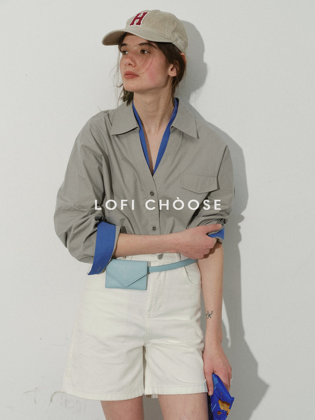 Lofi choose Soft Pure Cotton Colorblock Loose V-neck Button Long Sleeve Womens Navy Shirts