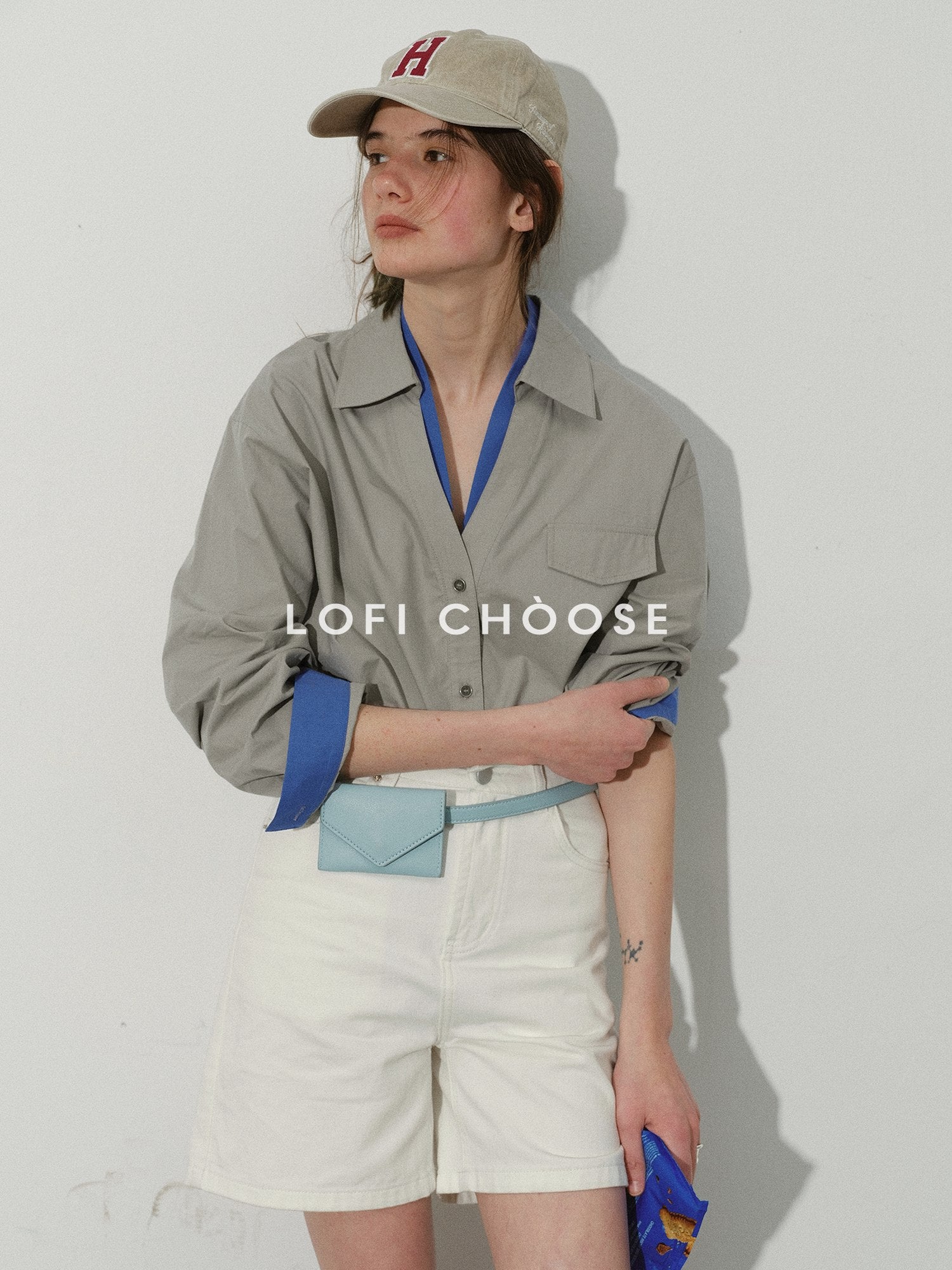 Lofi choose Soft Pure Cotton Colorblock Loose V-neck Button Long Sleeve Womens Navy Shirts