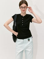 fano Black Slim Fit Half Collar Button Commuter Women Lyocell Short Sleeve T-Shirts