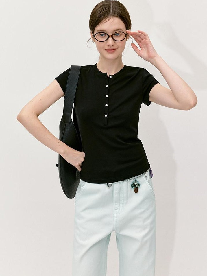 fano Black Slim Fit Half Collar Button Commuter Women Lyocell Short Sleeve T-Shirts