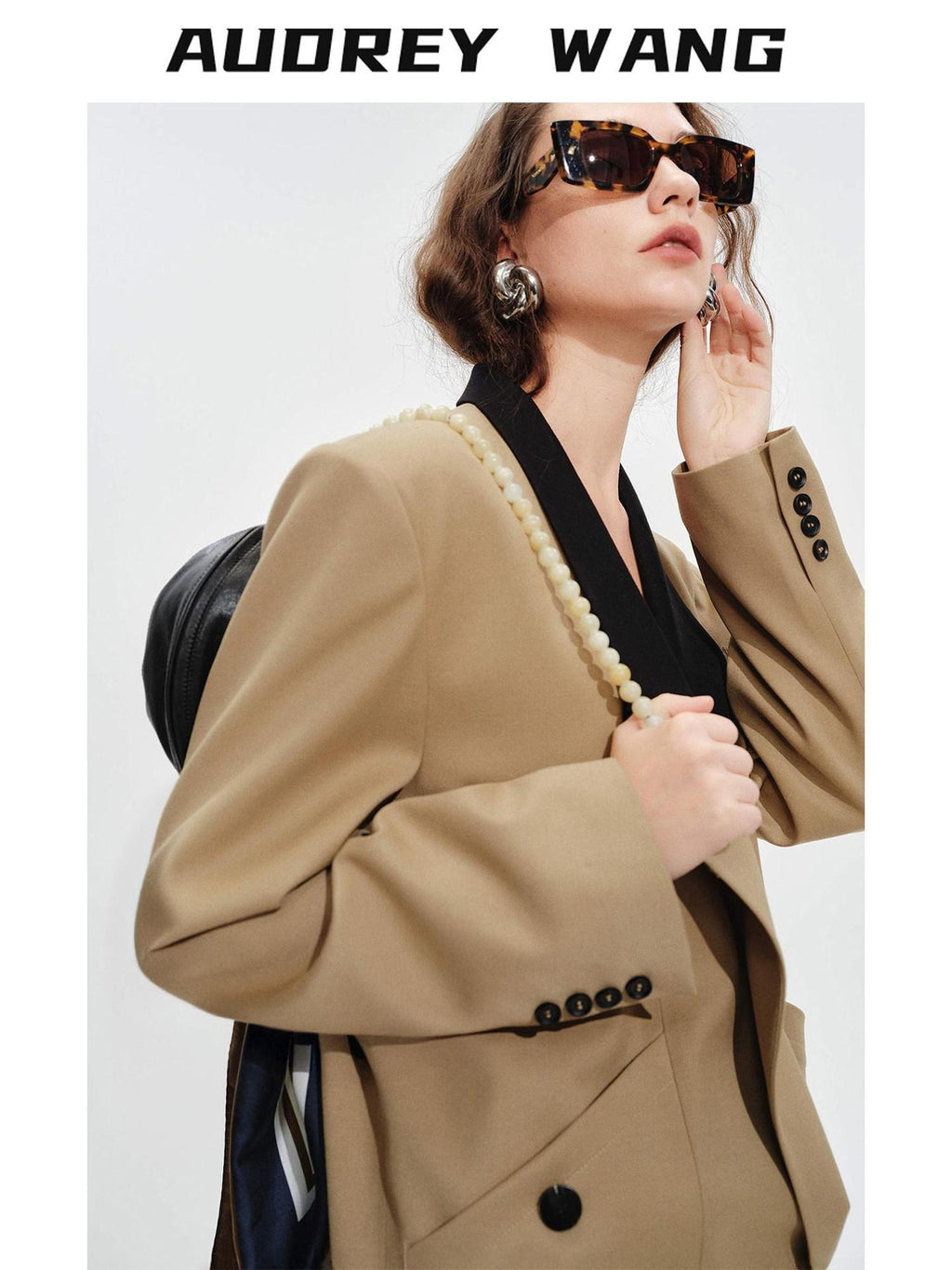 audreyyang Khaki Contrast Lapel Blazer Slit Loose Fit Long Sleeve Women Top & Skirt Sets