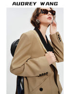 audreyyang Khaki Contrast Lapel Blazer Slit Loose Fit Long Sleeve Women Top & Skirt Sets