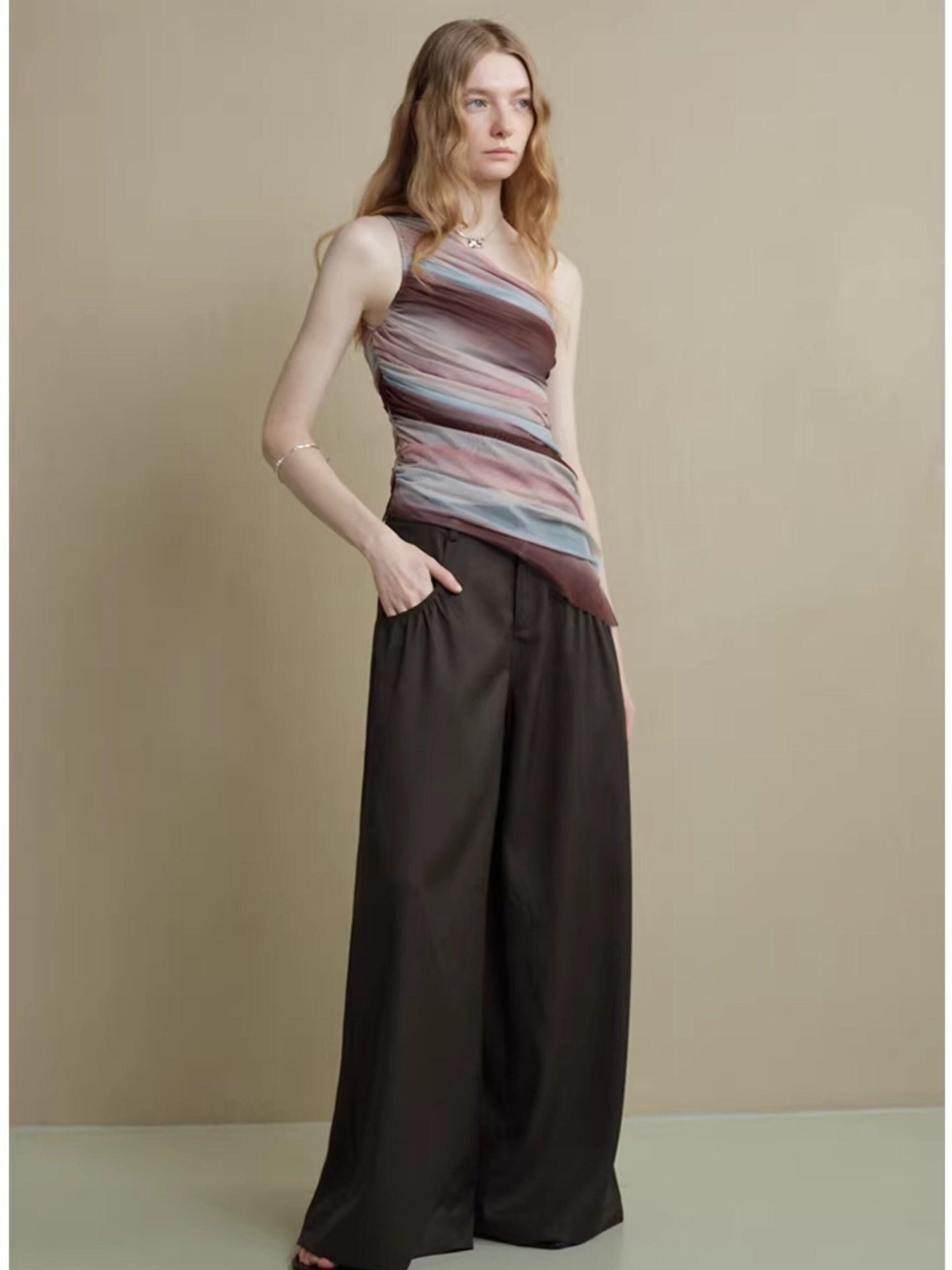 someonesometimes Comfort Minimalist Elastic Natural Waist Office Dark Brown Wide Leg Pants