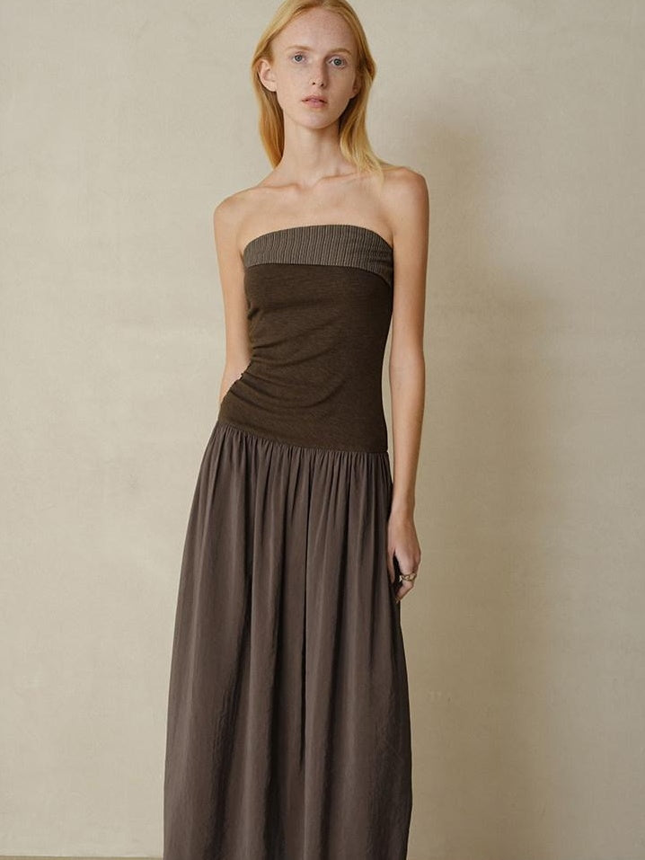 someonesometimes Tencel Modal Splice Slim Off Shoulder Strapless Casual Taupe Maxi Dresses