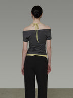 unspoken Moisture Wicking Lyocell Slim V-neck Patchwork Grey Green Halter Crop Tops
