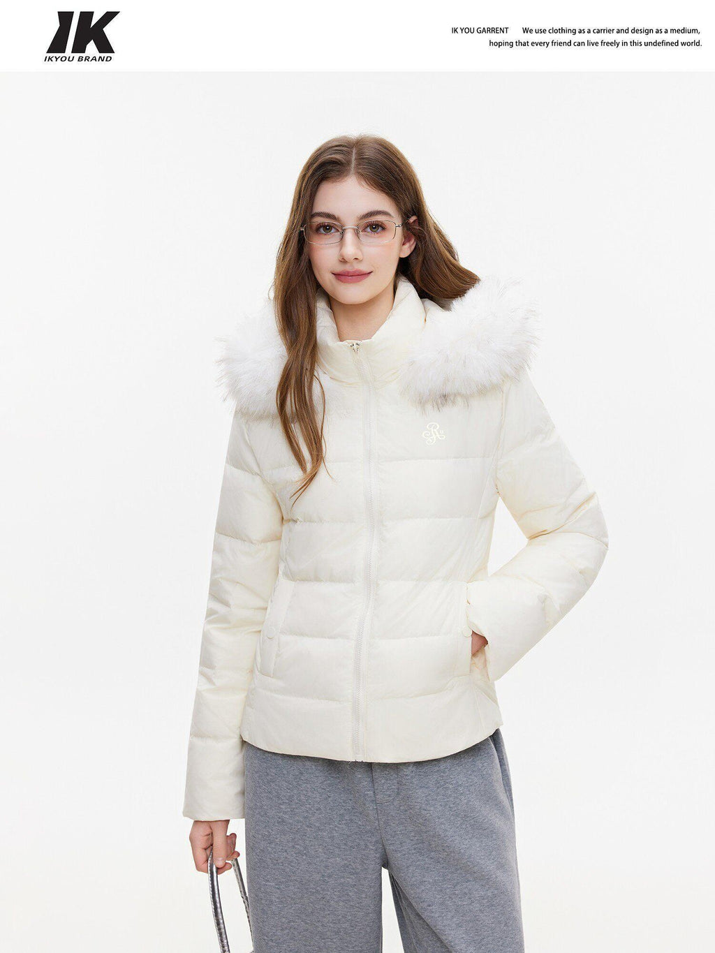ikyou 90% White Duck Down Warm Minimalist Slim Hooded Fur Collar Women Down Jackets