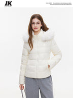 ikyou 90% White Duck Down Warm Minimalist Slim Hooded Fur Collar Women Down Jackets