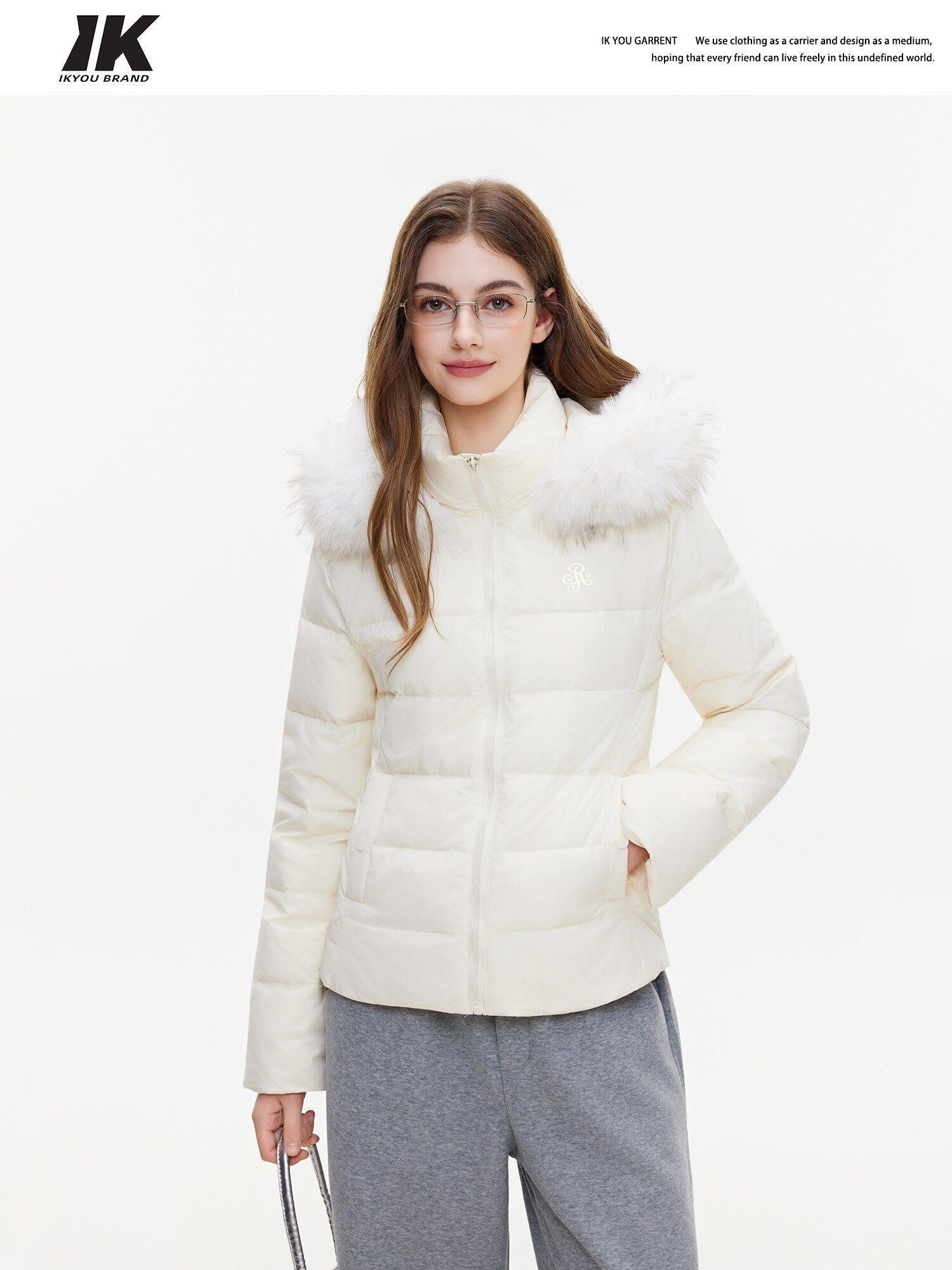 ikyou 90% White Duck Down Warm Minimalist Slim Hooded Fur Collar Women Down Jackets