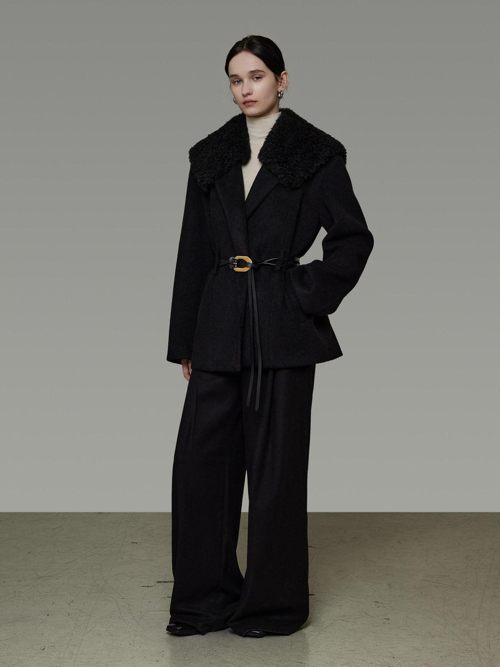 unspoken Fur Collar Thick Mid Length Loose Fit Minimalist Commuter Black Wool Long Coats