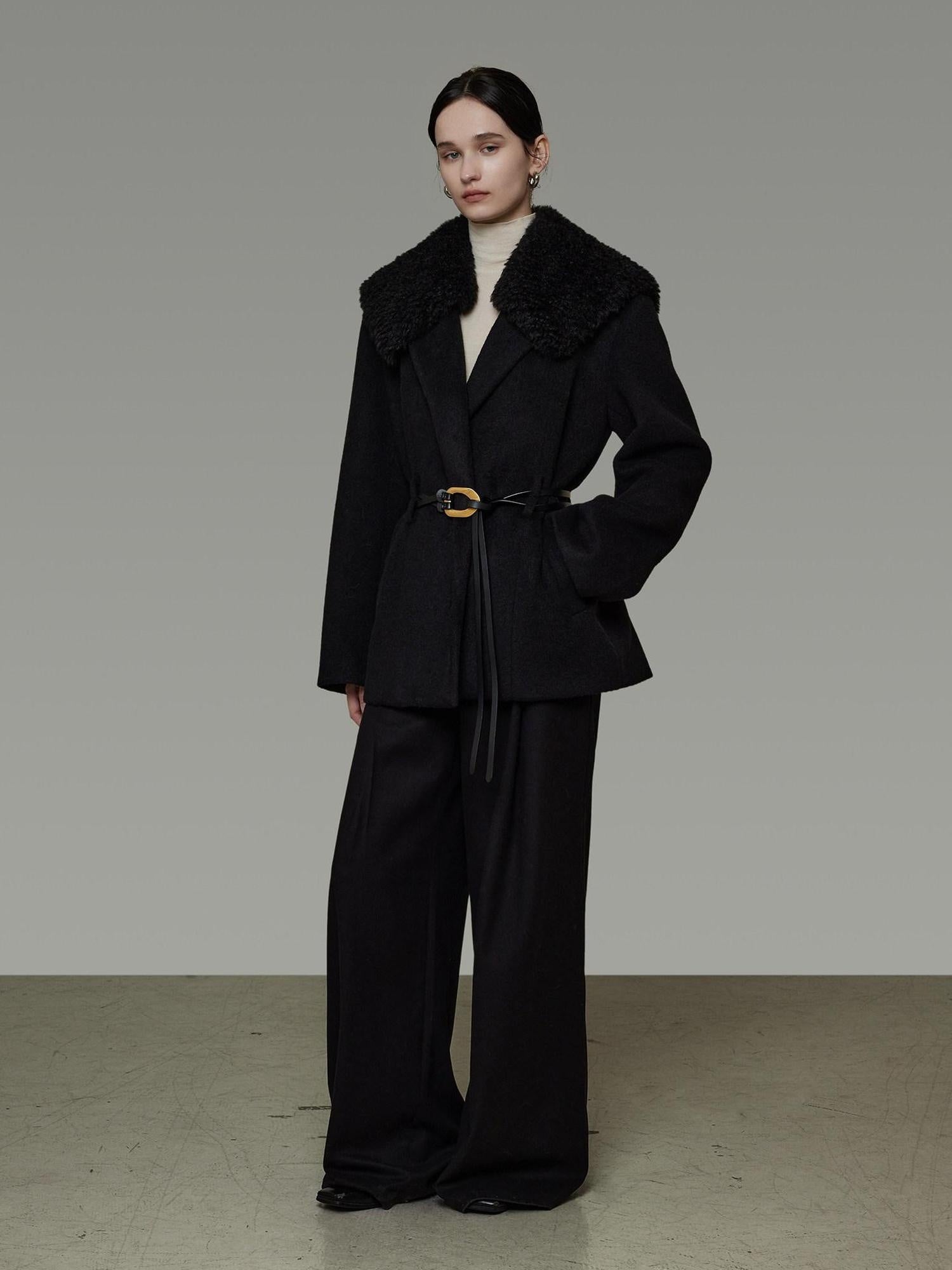 unspoken Fur Collar Thick Mid Length Loose Fit Minimalist Commuter Black Wool Long Coats