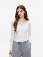 ikyou Breathable V-neck Slim White Pullover Women Cropped Long Sleeve Crop Tops