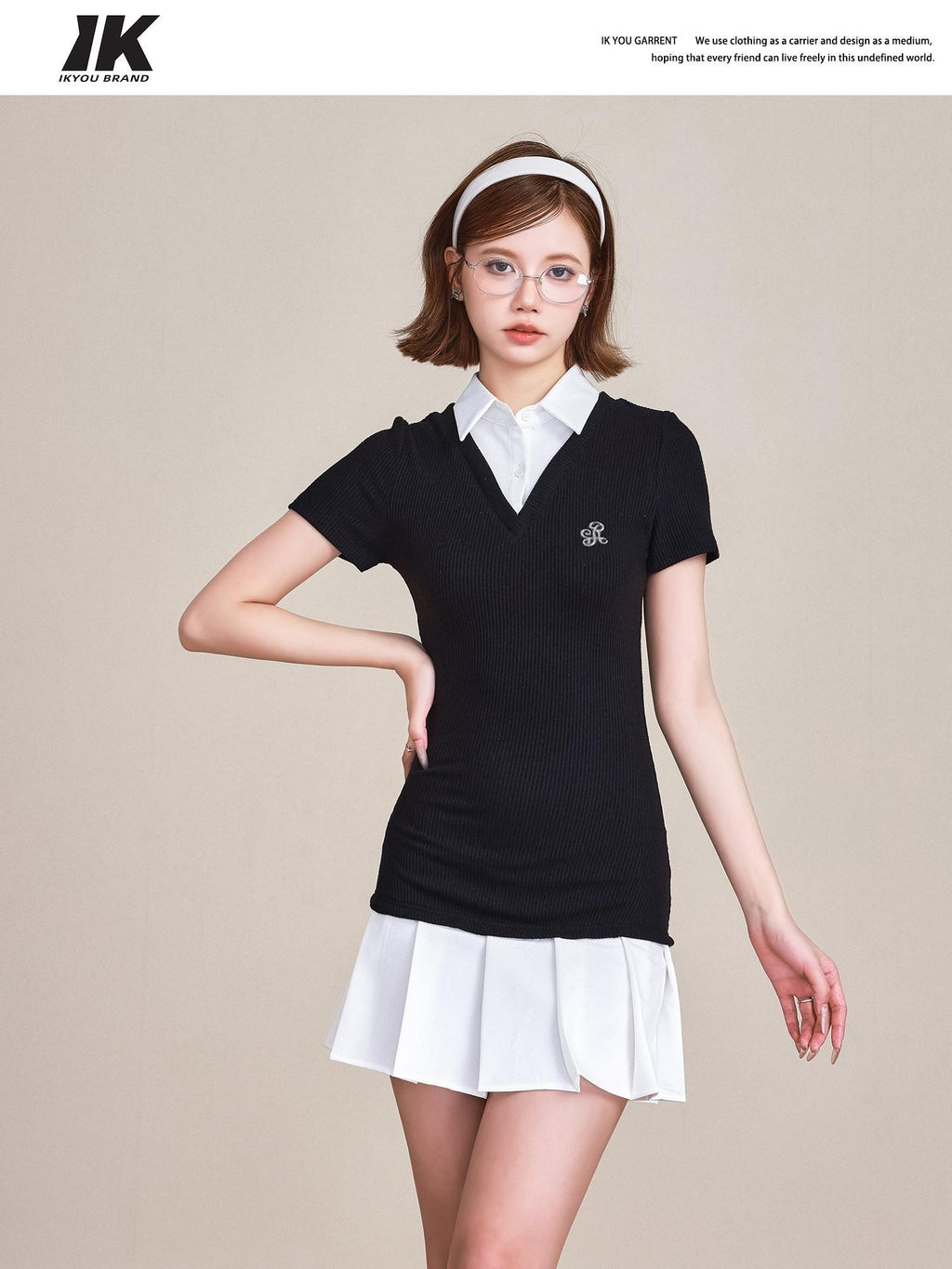 ikyou 100 Percent Cotton Waist Cinch Patchwork Collared Short Sleeve Midi Dresses