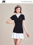 ikyou 100 Percent Cotton Waist Cinch Patchwork Collared Short Sleeve Midi Dresses