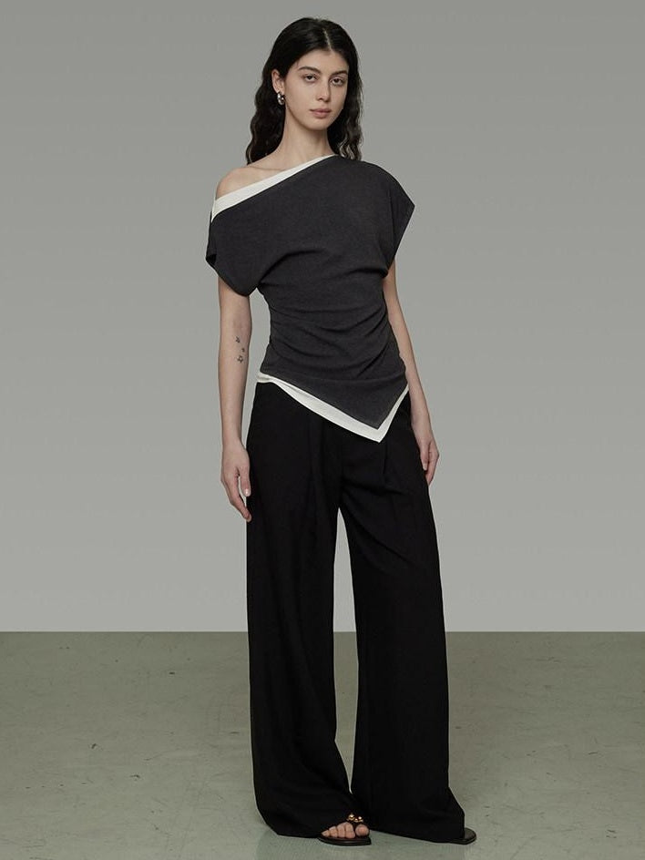 unspoken Slim Fit Colorblock Short Sleeve Pullover Slanted Collar Office Rayon Blouses