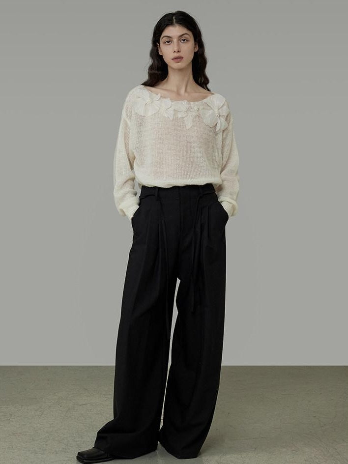 unspoken Soft Knit 3D Embellishment Loose Round Neck Long Sleeve Women White Blouses