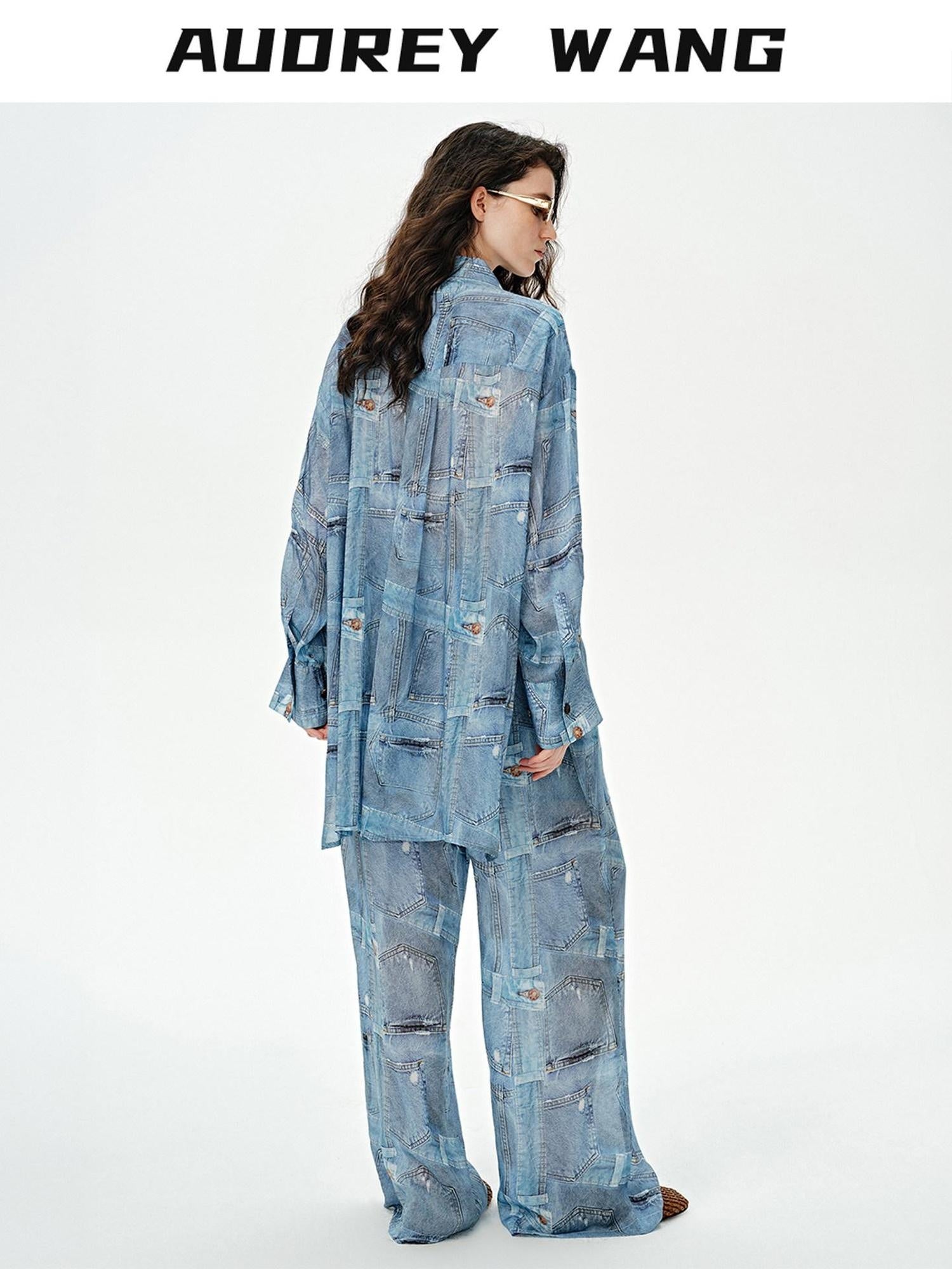 audreyyang Breathable Rayon Loose Fit Lapel Button Floral Denim Top & Pants Sets