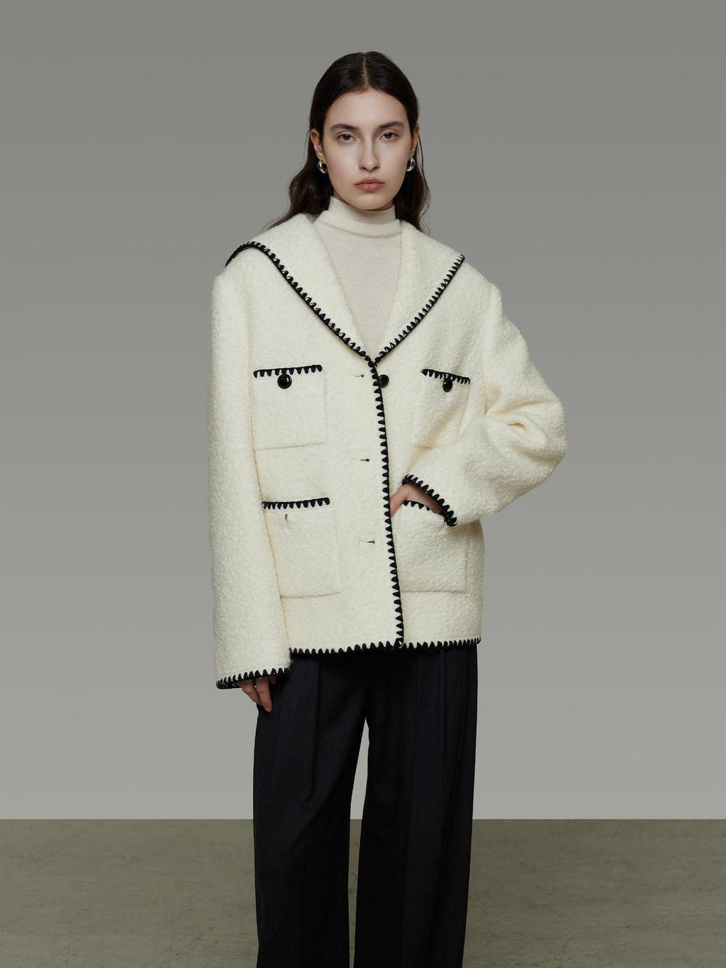 unspoken Lambswool Blend Tailored Loose Minimal Notch Collar Officewear Women Wool Coats