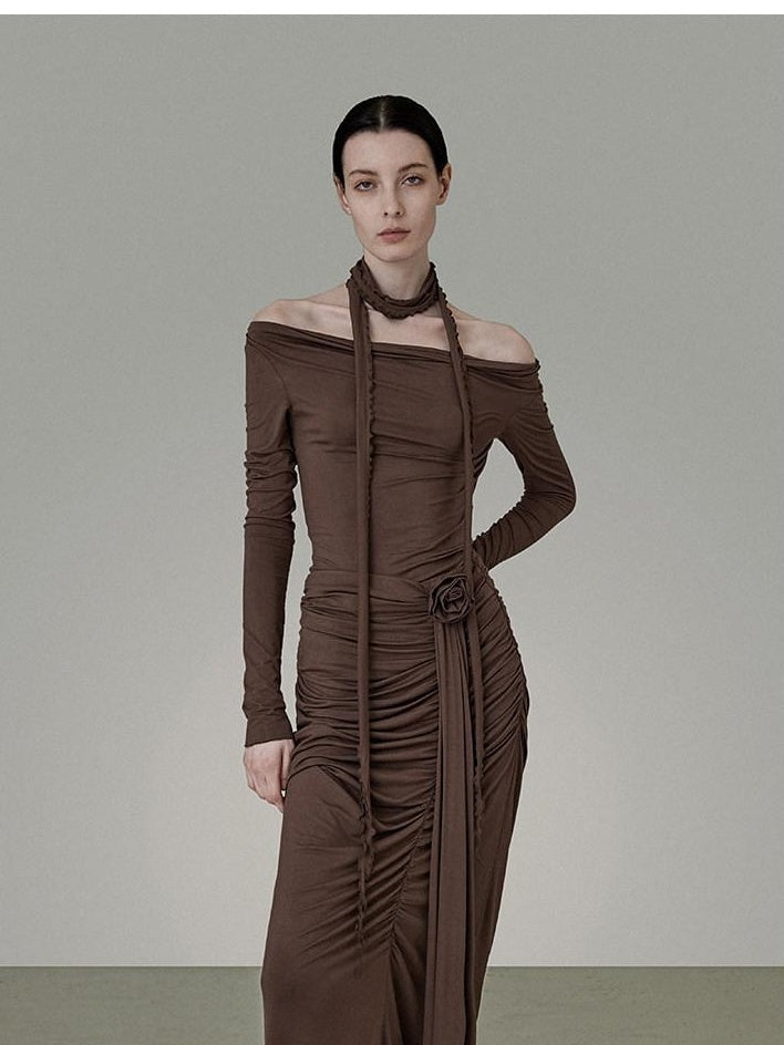 unspoken Slim Pleated Minimalist Workwear Women Pullover Polyester Brown Top & Skirt Sets