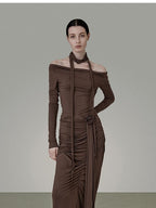 unspoken Slim Pleated Minimalist Workwear Women Pullover Polyester Brown Top & Skirt Sets