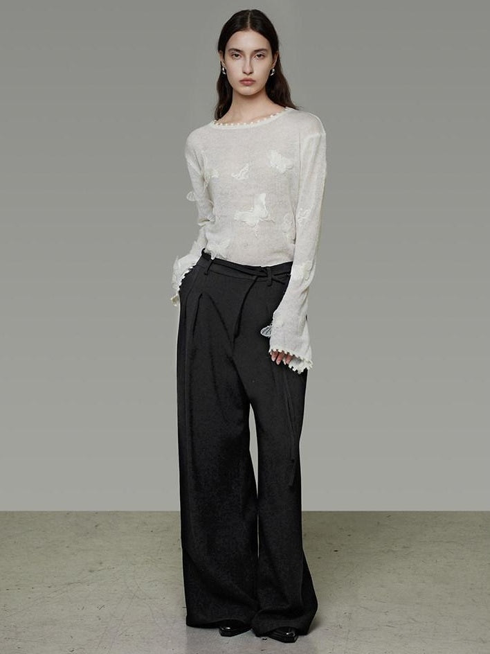 unspoken Breathable Knit Minimalist Relaxed Fit Butterfly Round Neck White Blouses