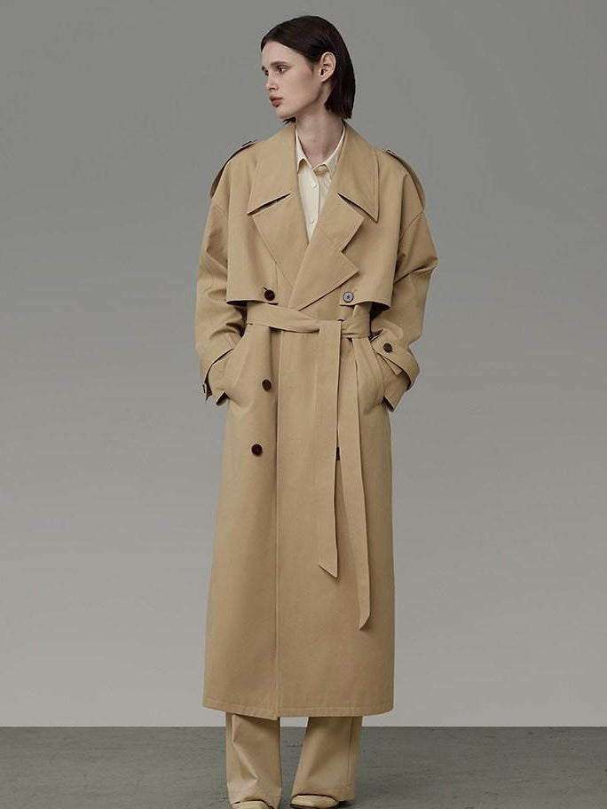 unspoken Pure Cotton Double Breasted Long Straight Minimal Women Khaki Trench Coats