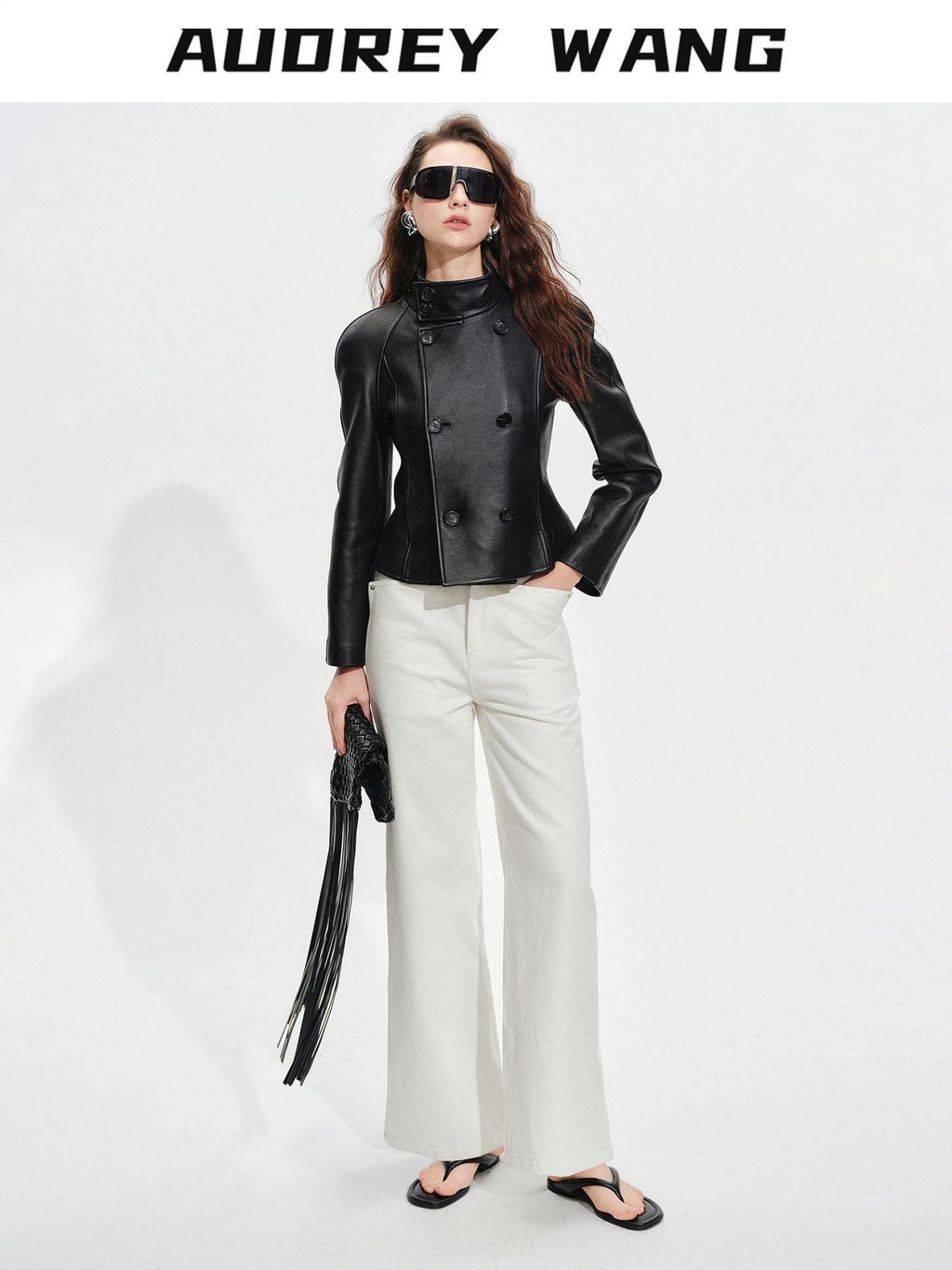 audreyyang Lambskin Vintage Loose Women Double Breasted Black Leather Jackets