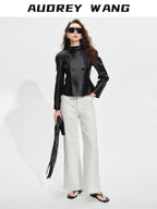 audreyyang Lambskin Vintage Loose Women Double Breasted Black Leather Jackets
