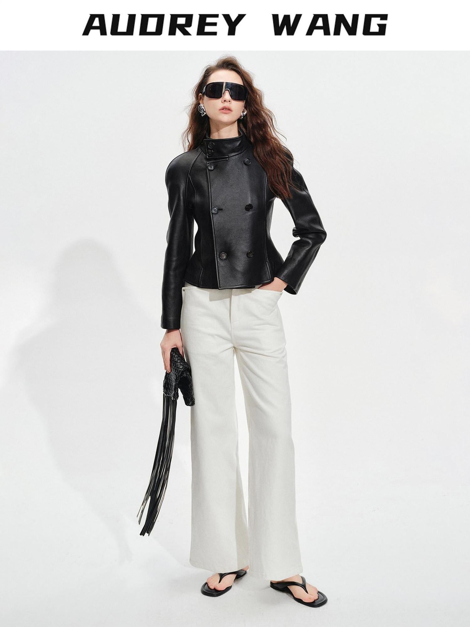 audreyyang Lambskin Vintage Loose Women Double Breasted Black Leather Jackets