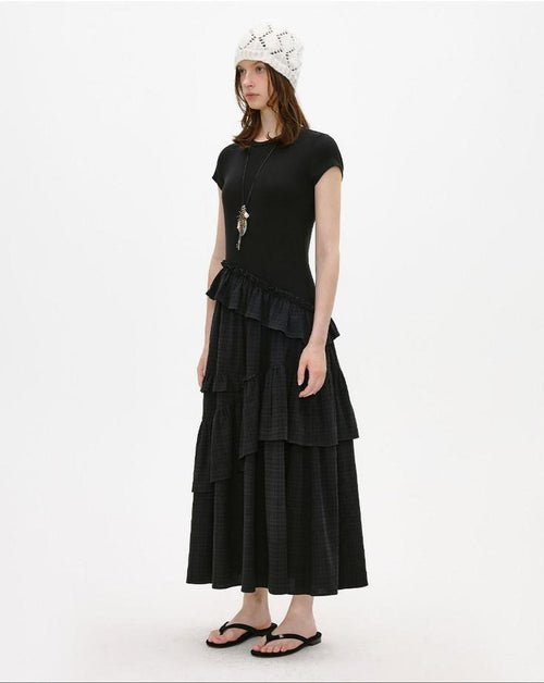 fano Breathable Viscose A Line Plaid Short Sleeve Korean Commuter Casual Maxi Dresses