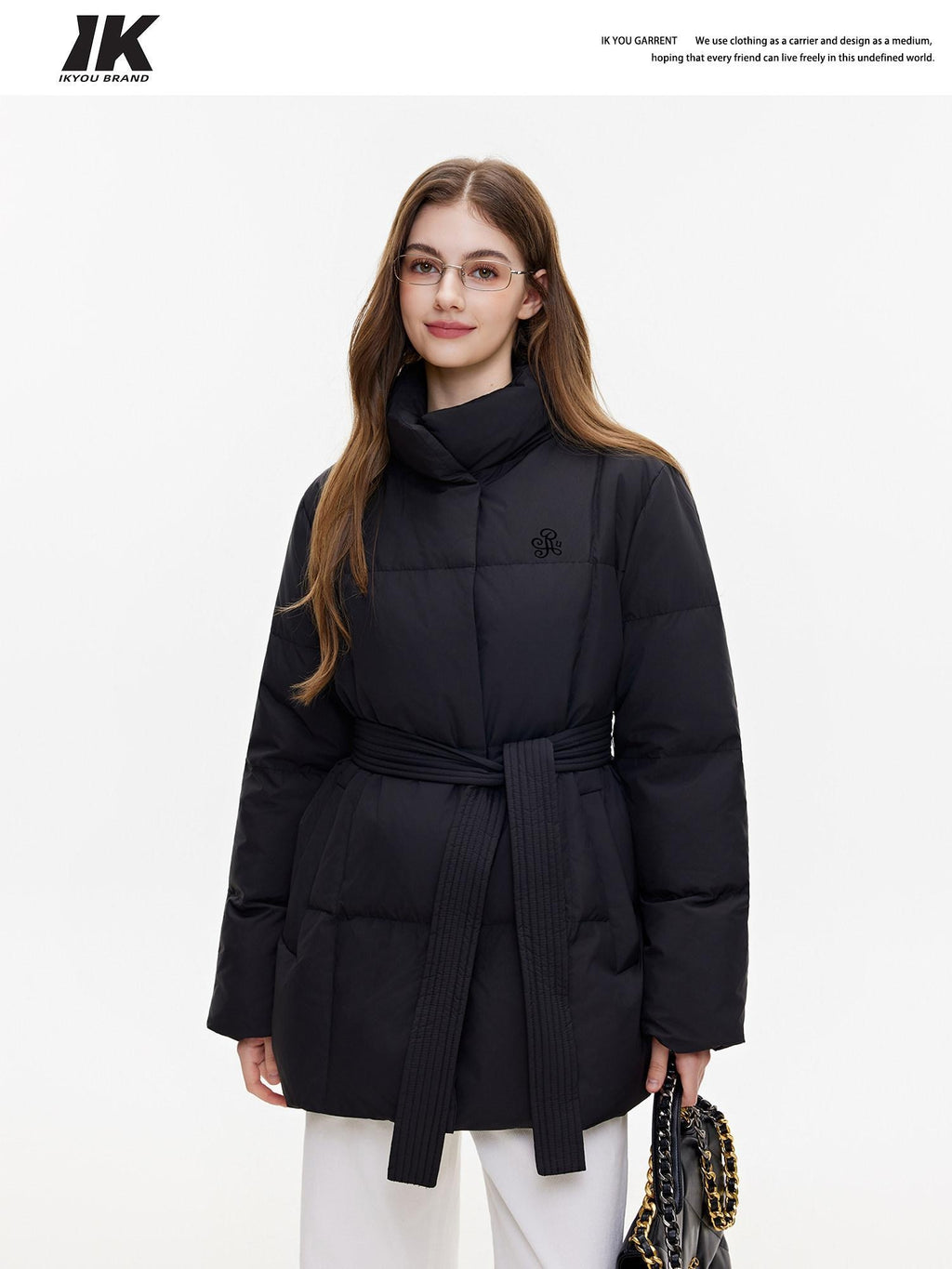 ikyou Insulated Embroidered Pocket Korean Loose Mid Length Stand Collar Puffer Jackets