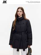 ikyou Insulated Embroidered Pocket Korean Loose Mid Length Stand Collar Puffer Jackets
