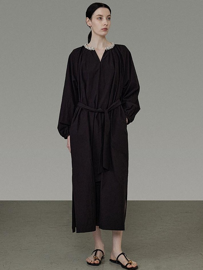 unspoken Cotton Loose Waist Minimalist V-neck Long Sleeve Casual Black Maxi Dresses